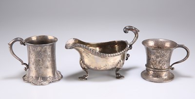 Lot 1434 - A GEORGIAN SILVER SAUCEBOAT, TOGETHER WITH TWO SILVER MUGS