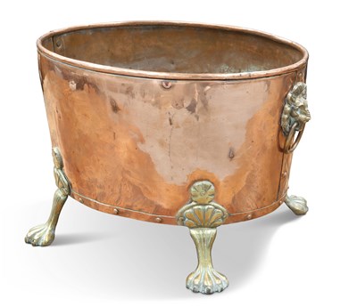 Lot 315 - AN EARLY 20TH CENTURY BRASS-MOUNTED COPPER WINE COOLER