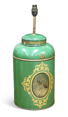 Lot 537 - A VICTORIAN TÔLEWARE TEA CANISTER TABLE LAMP