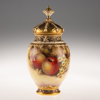 Lot 197 - A ROYAL WORCESTER FRUIT PAINTED POT POURRI VASE