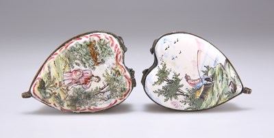 Lot 406 - TWO SIMILAR LATE 18TH CENTURY HEART-SHAPED FAÏENCE SNUFF BOXES