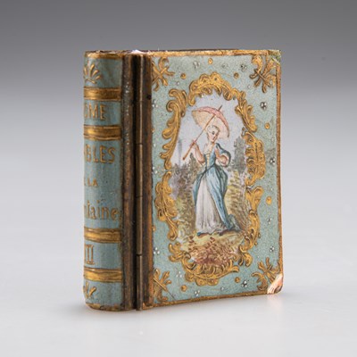 Lot 390 - AN UNUSUAL FRENCH ENAMEL BOOK-FORM BOX, 19TH CENTURY