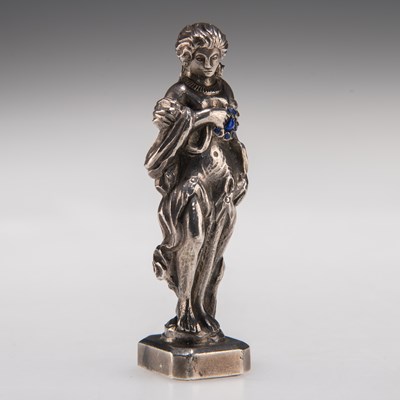 Lot 352 - A FINE 19TH CENTURY RUSSIAN SILVER AND LAPIS LAZULI FIGURAL DESK SEAL