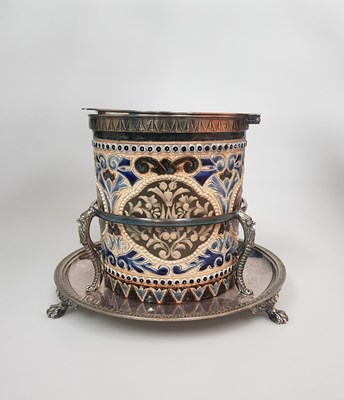 Lot 130 - ELIZA SIMMANCE FOR DOULTON LAMBETH, A LATE 19TH CENTURY SILVER PLATE-MOUNTED STONEWARE BISCUIT BARREL