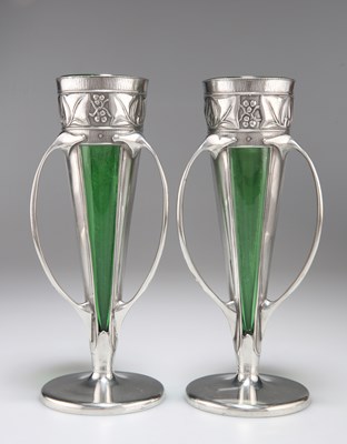 Lot 338 - ARCHIBALD KNOX (1864-1933) FOR LIBERTY & CO, A PAIR OF TUDRIC PEWTER VASES