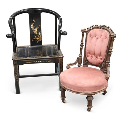 Lot 586 - A VICTORIAN WALNUT NURSING CHAIR, AND A CHINOISERIE LACQUER ARMCHAIR