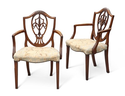 Lot 625 - A PAIR OF GEORGE III MAHOGANY 'HEPPLEWHITE' ARMCHAIRS