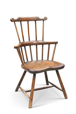 Lot 1212 - AN 18TH CENTURY PRIMITIVE ELM AND ASH COMB-BACK WINDSOR CHAIR