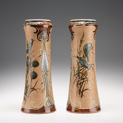 Lot 155 - FLORENCE E. BARLOW FOR DOULTON LAMBETH, A PAIR OF LATE 19TH CENTURY PÂTE-SUR-PÂTE STONEWARE VASES