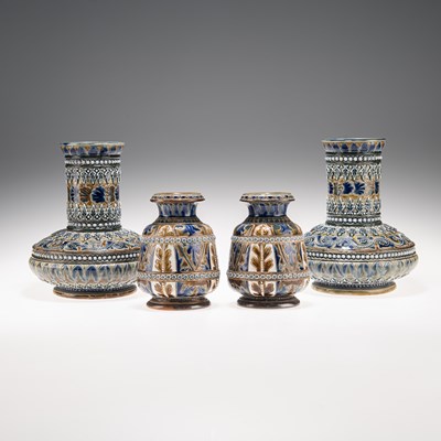 Lot 127 - TWO PAIRS OF LATE 19TH CENTURY DOULTON LAMBETH STONEWARE VASES