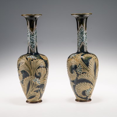 Lot 164 - ELIZA SIMMANCE FOR DOULTON LAMBETH, A PAIR OF LATE 19TH CENTURY STONEWARE BOTTLE VASES