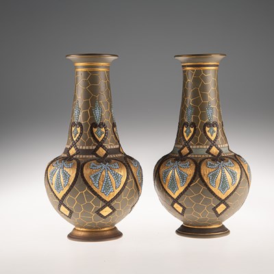 Lot 148 - ELIZA SIMMANCE FOR DOULTON LAMBETH, A PAIR OF LATE 19TH CENTURY SILICON WARE BOTTLE VASES