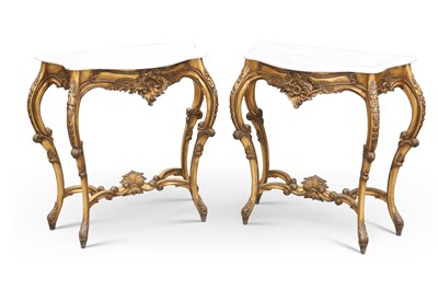 Lot 661 - A PAIR OF LOUIS XV STYLE MARBLE-TOPPED GILTWOOD CONSOLE TABLES