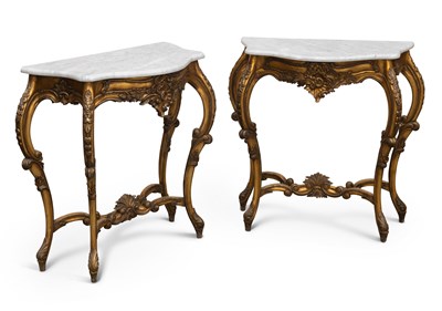 Lot 576 - A PAIR OF LOUIS XV STYLE MARBLE-TOPPED GILTWOOD CONSOLE TABLES