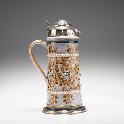 Lot 157 - GEORGE TINWORTH FOR DOULTON LAMBETH, A SILVER-MOUNTED STONEWARE LEMONADE JUG, CIRCA 1877