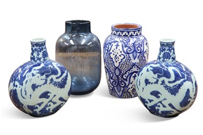 Lot 65 - A MOROCCAN POTTERY VASE, A PAIR OF MODERN 'CHINESE' VASES, AND A CONTEMPORARY GLASS VASE