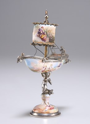 Lot 382 - A VIENNESE SILVER AND ENAMEL MINIATURE NEF, BY LUDWIG POLITZER, VIENNA, LATE 19TH CENTURY