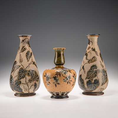 Lot 122 - LOUISA J. DAVIS FOR DOULTON LAMBETH, A PAIR OF LATE 19TH CENTURY STONEWARE BOTTLE VASES