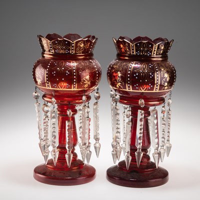 Lot 24 - A NEAR PAIR OF 19TH CENTURY RUBY GLASS LUSTRES
