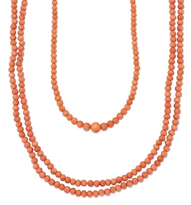 Lot 2435 - TWO CORAL BEAD NECKLACES