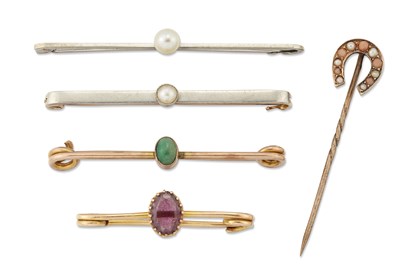 Lot 465 - FOUR VARIOUS BAR BROOCHES, AND A CORAL AND SEED PEARL HORSESHOE STICK PIN