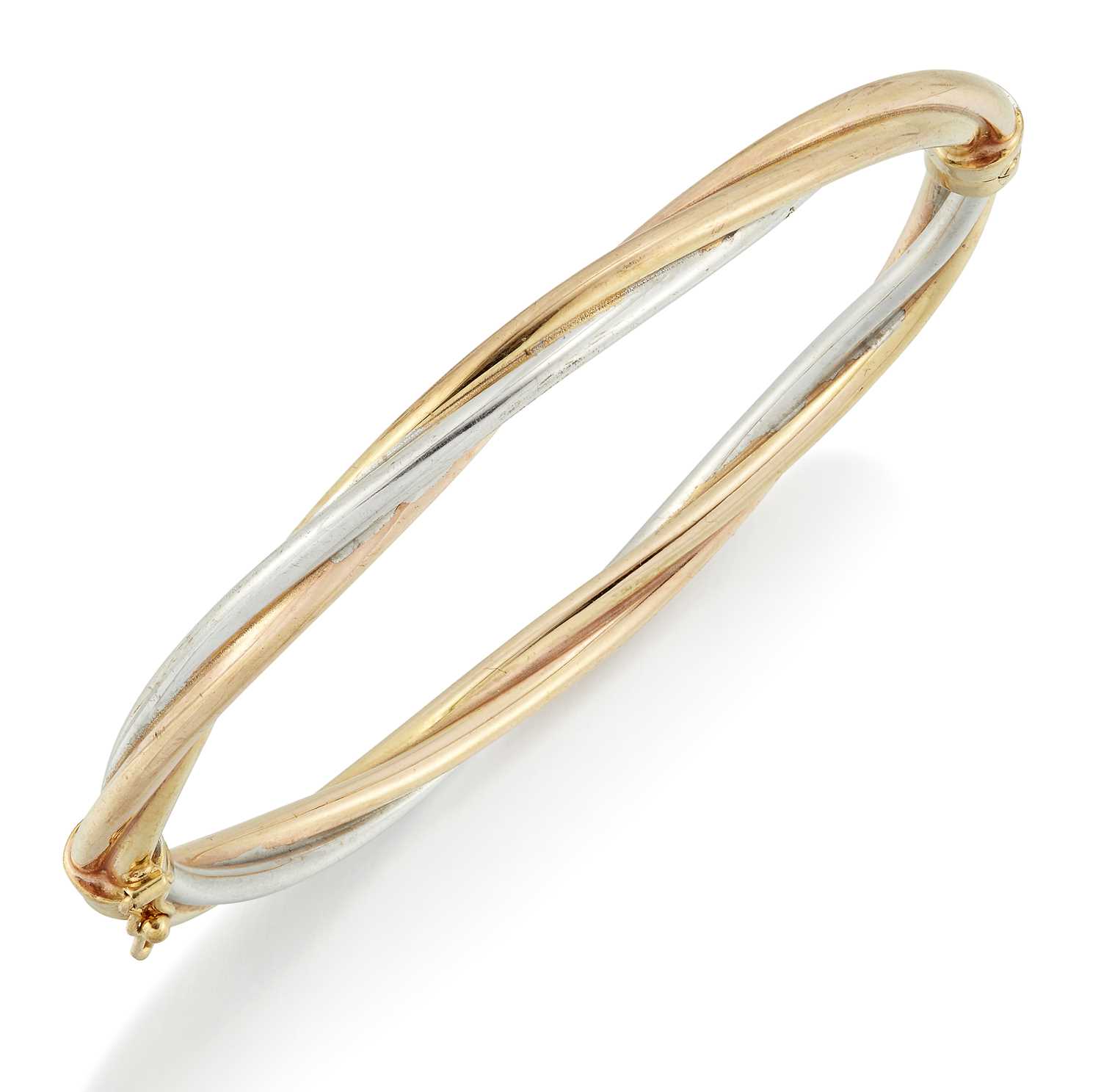 Lot 2229 - A 9 CARAT TRI-COLOUR GOLD BANGLE