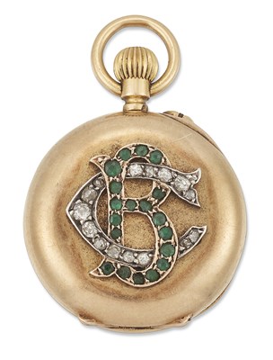 Lot 2128 - AN EMERALD AND DIAMOND-SET FOB WATCH