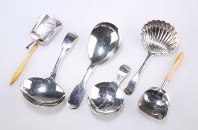 Lot 425 - SIX VARIOUS SILVER CADDY SPOONS, GEORGE III AND LATER