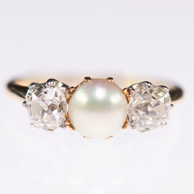 Lot 2330 - A SPLIT PEARL AND OLD MINE-CUT DIAMOND THREE STONE RING