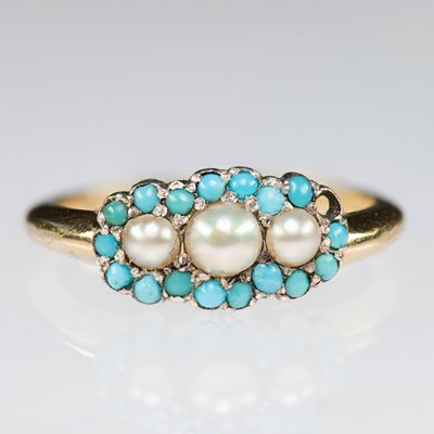 Lot 2408 - A MID-19TH CENTURY SPLIT PEARL AND TURQUOISE CLUSTER RING