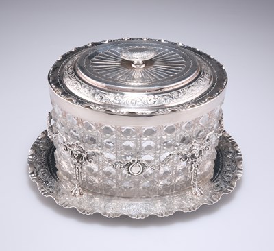 Lot 189 - A VICTORIAN SILVER-PLATED AND CUT-GLASS BISCUIT BOX