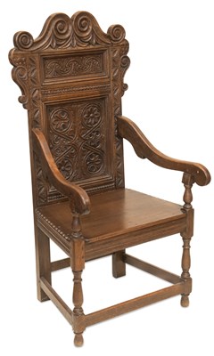 Lot 1340 - A 17TH CENTURY STYLE CARVED OAK WAINSCOT CHAIR, AND AN OAK TWO-DOOR SIDE CABINET