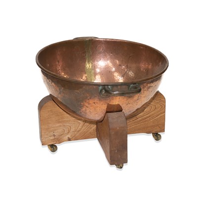 Lot 696 - A VICTORIAN LARGE COPPER TWO-HANDLED PAN ON STAND