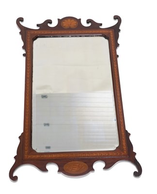 Lot 1410 - A SHERATON STYLE INLAID MAHOGANY FRETWORK MIRROR, 19TH CENTURY