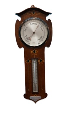 Lot 1136 - AN ART NOUVEAU INLAID OAK BAROMETER, SIGNED CHADBURN'S LTD, OPTICIANS, LIVERPOOL