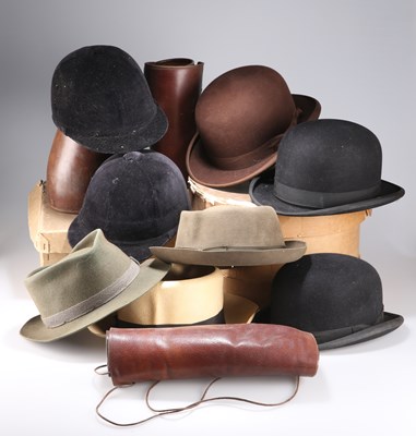 Lot 927 - A MIXED LOT OF LEATHER GAITERS, BOWLER HATS AND OTHER HEADWEAR