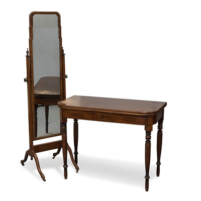 Lot 1265 - A QUEEN ANNE STYLE WALNUT CHEVAL MIRROR, AND A VICTORIAN INLAID MAHOGANY FOLDOVER TEA TABLE