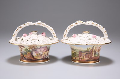 Lot 1053 - A PAIR OF POT POURRI BASKETS AND COVERS, OF ROCKINGHAM TYPE