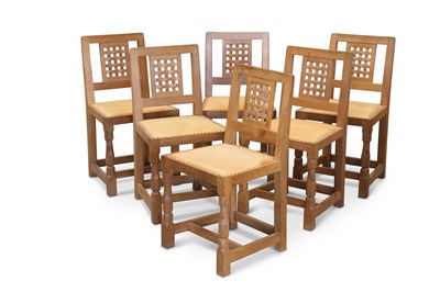 Lot 1465 - ROBERT THOMPSON OF KILBURN, A SET OF SIX MOUSEMAN OAK DINING CHAIRS