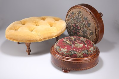 Lot 1251 - TWO VICTORIAN BEADWORK FOOTSTOOLS AND A LATER DEEP-BUTTONED FOOTSTOOL