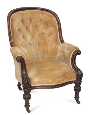 Lot 1320 - A VICTORIAN MAHOGANY AND UPHOLSTERED ARMCHAIR