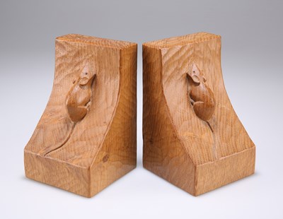 Lot 1463 - ROBERT THOMPSON OF KILBURN, A PAIR OF MOUSEMAN OAK BOOKENDS