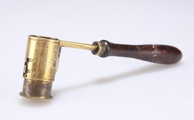 Lot 1434 - A 19TH CENTURY TREEN AND BRASS SHOT MEASURE