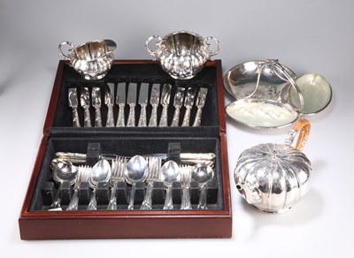 Lot 17 - A GROUP OF SILVER PLATE COMPRISING A CANTEEN OF CUTLERY, AN HORS D'OEUVRES DISH, AND A TEA SERVICE