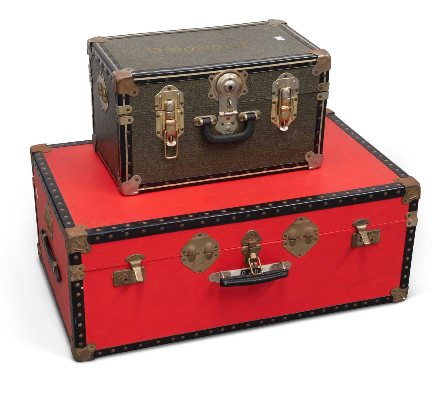 Lot 691 - AN OVERPOND 20-INCH TRAVEL TRUNK, AND A LARGER RED TRAVEL TRUNK