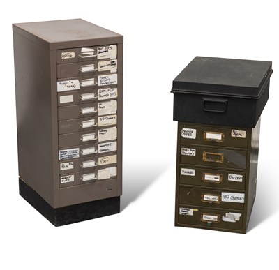 Lot 717 - A VINTAGE 'STOR' TEN-DRAWER METAL FILING CABINET, A SMALLER FIVE-DRAWER CABINET AND A STRONG-BOX