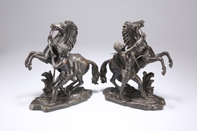 Lot 166 - AFTER COUSTOU, A PAIR OF 19TH CENTURY BRONZE MODELS OF THE MARLY HORSES