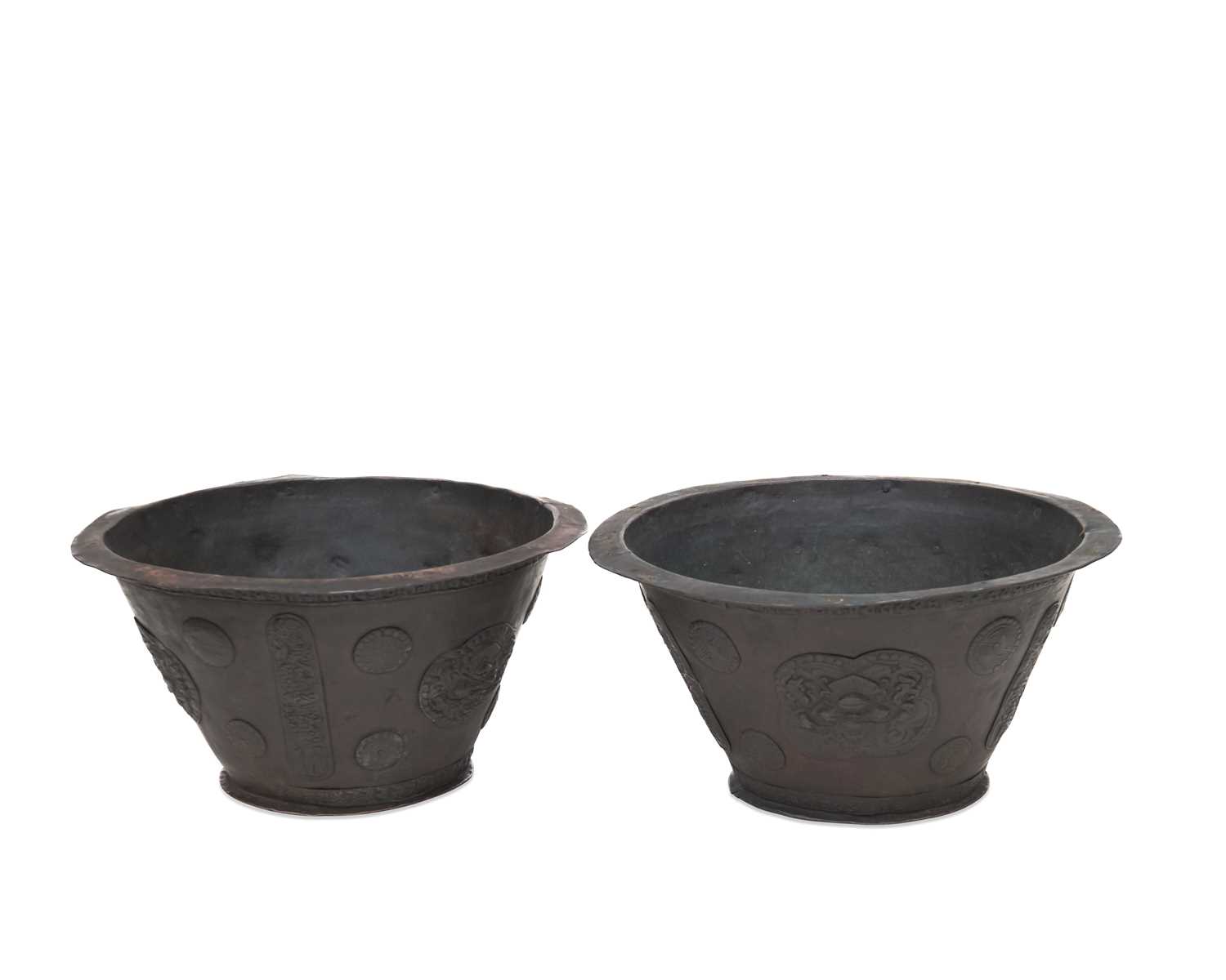 Lot 623 - A PAIR OF TIBETAN PATINATED METAL PLANTERS, 19TH CENTURY