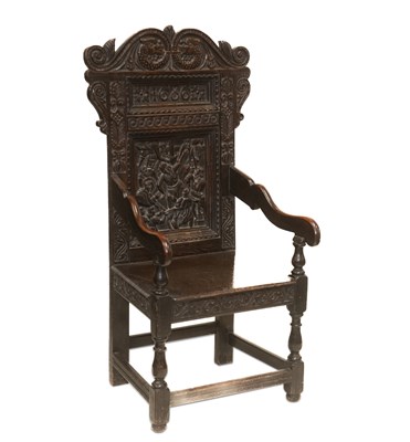 Lot 1277 - A 17TH CENTURY STYLE OAK WAINSCOT CHAIR, 19TH CENTURY