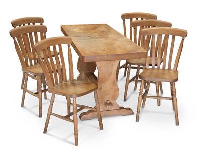 Lot 1175 - AN ELM REFECTORY TABLE AND SIX PINE KITCHEN CHAIRS